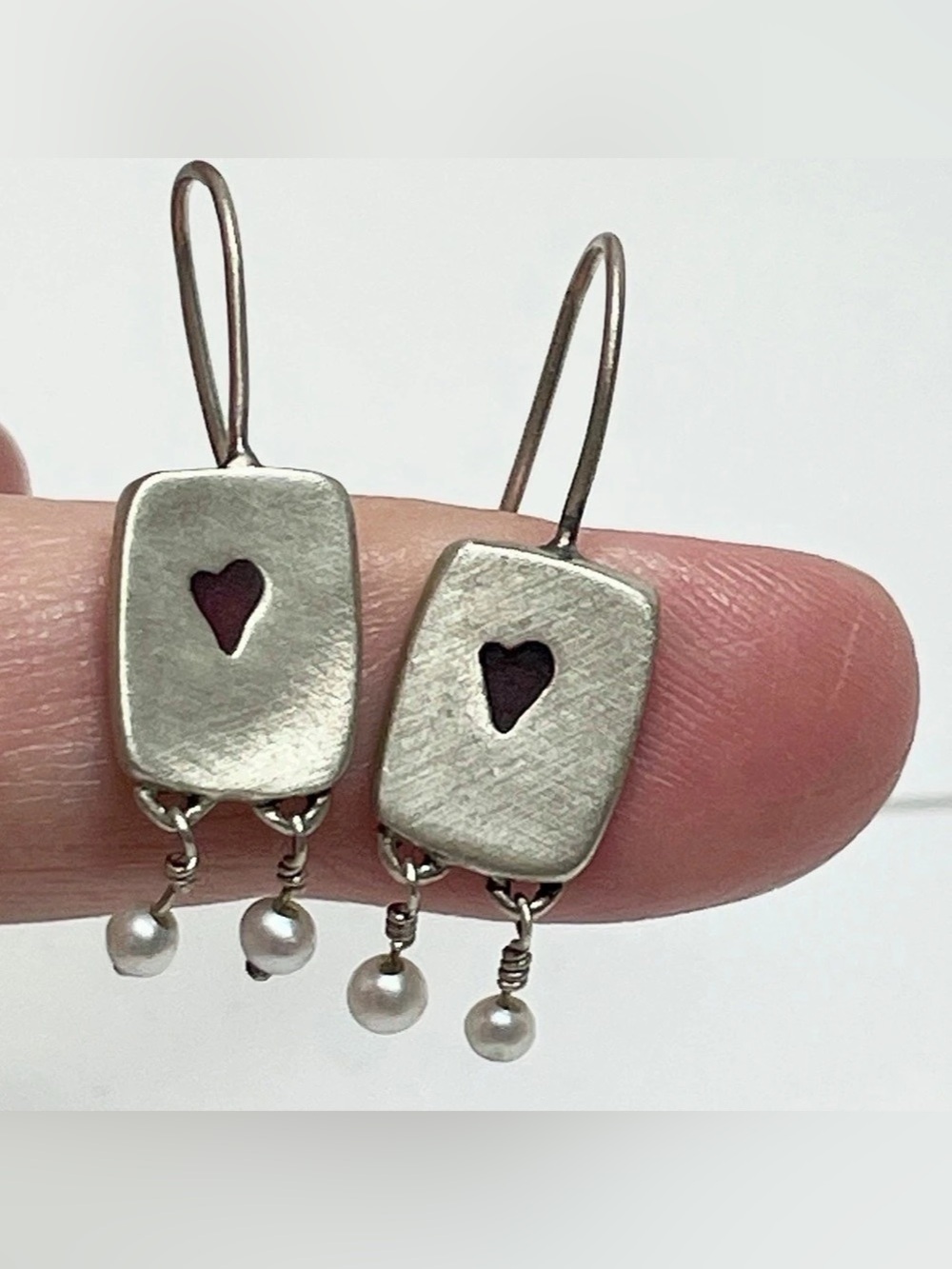 Artisan Made brushed sterling Signed dangle rectangle punched heart drop pearls